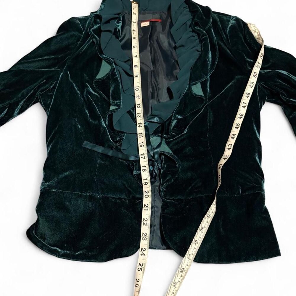 Y2K Tapemeasure Teal Emerald Velvet Ruffle Tie-Front Blazer Jacket Size 4 - Picture 6 of 11